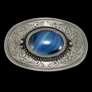 Vintage Western Belt Buckle Blue Banded Agate Silver Tone Floral Engraved Oval